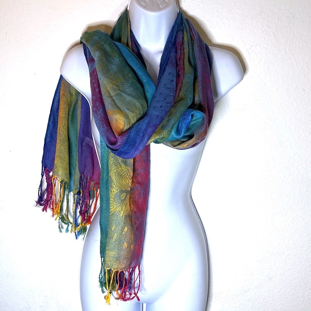 Pashmina Scarf OS Multi Boho Hippie Festival Fringe Shawl Wrap Rainbow Pride